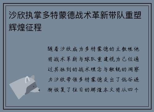 沙欣执掌多特蒙德战术革新带队重塑辉煌征程