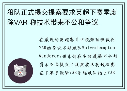 狼队正式提交提案要求英超下赛季废除VAR 称技术带来不公和争议
