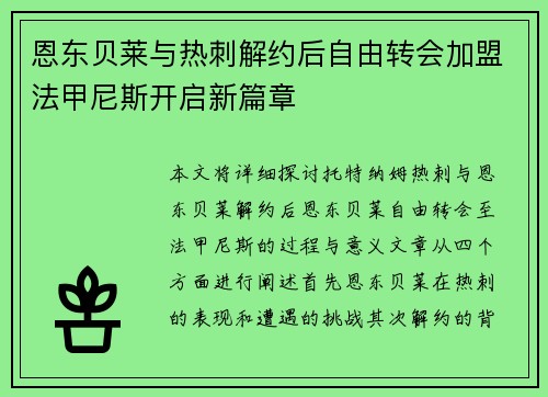 恩东贝莱与热刺解约后自由转会加盟法甲尼斯开启新篇章